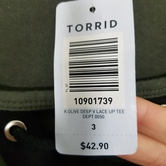 NWT Torrid Olive Green Deep V Lace Up Tee Top Stretch Size 3 - Picture 3 of 5